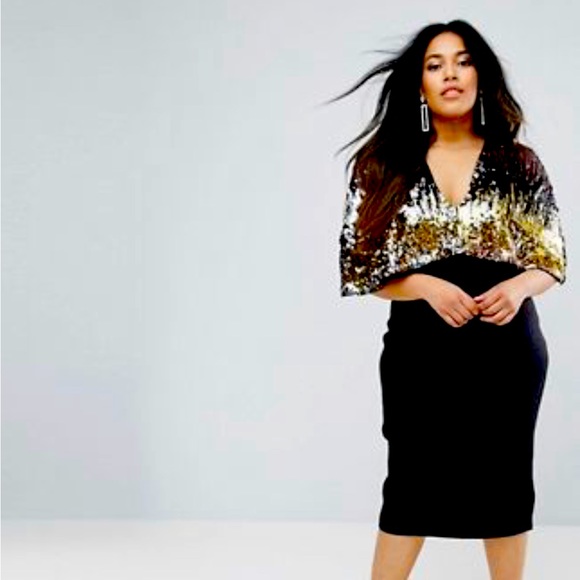 Club L Glitter Cape Dress Plus Deep V Neck Sequin A Line Cape Dress   Curvepretty